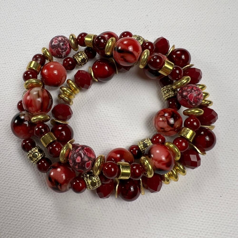 Handmade Beaded Bracelet Trio Reds and Gold Marbled Opaque Faceted Metal Beads